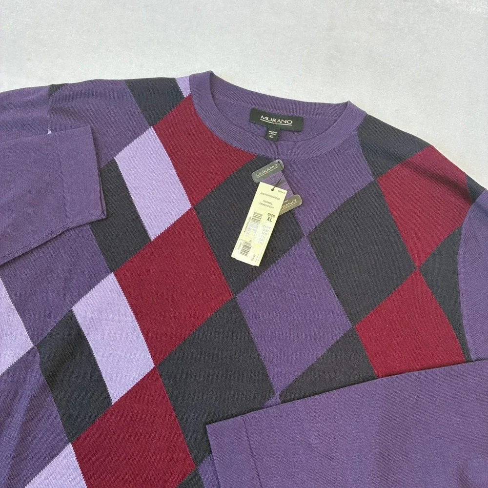 Murano Sweater Men XL Purple Argyle Silk Blend Crewneck Long Sleeve F55SM025
